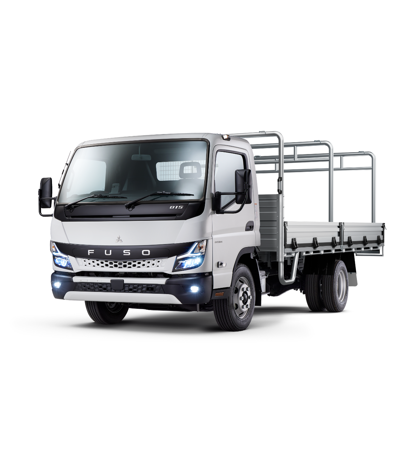 01A483BA EURO6 FUSO CANTER 815 Wide Cab Tray with ladder racks Front 3-4LHS Resized.png